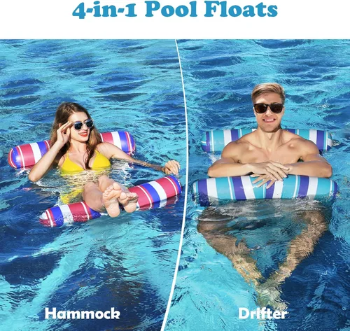 Vista 6 de Flotadores de piscina para adultos, paquete de 2 flotadores inflables para piscina, 4 en 1, balsas multiusos tumbona hamaca de agua para piscina