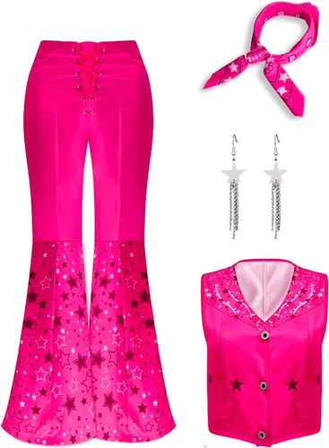 Vista 2 de Saxcdyi Disfraz de vaquera de los años 70 y 80, trajes de disco hippie de los años 70 y 80, chaleco rosa, pantalón acampanado, traje de cosplay