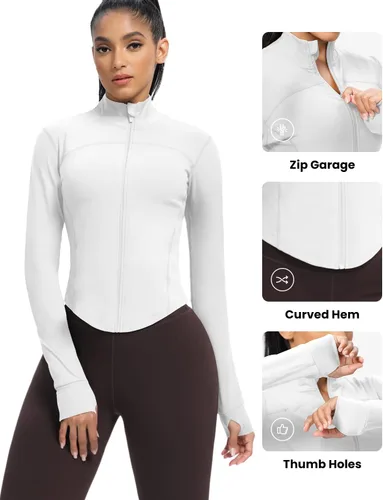 Vista 105 de AVGO Chaquetas de entrenamiento recortadas para mujer, con cremallera, ajustadas, atléticas, con agujeros para el pulgar