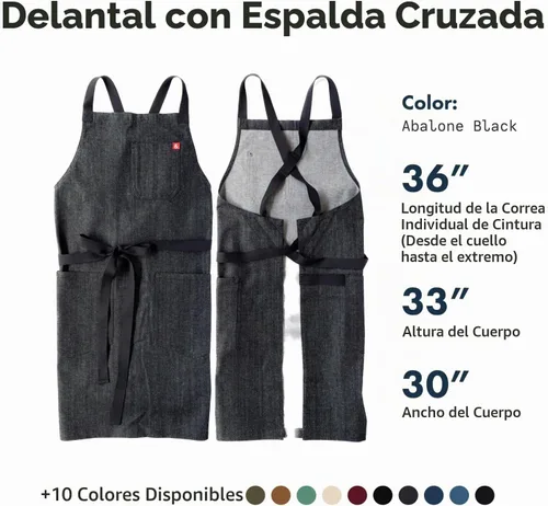Vista 2 de hedley & bennett Delantal con babero cruzado - Delantal de chef con bolsillos - 100% Algodón Denim, 8oz - Negro Abalone Adjustable straps ease
