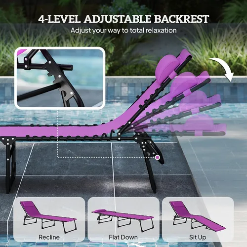 Vista 6 de Folding Chaise Lounge Pool Chairs, 2-Pack, 4-Position Reclining, Purple