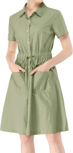 Vista 2 de Allegra K Vestidos de safari de algodón con cuello abotonado para mujer