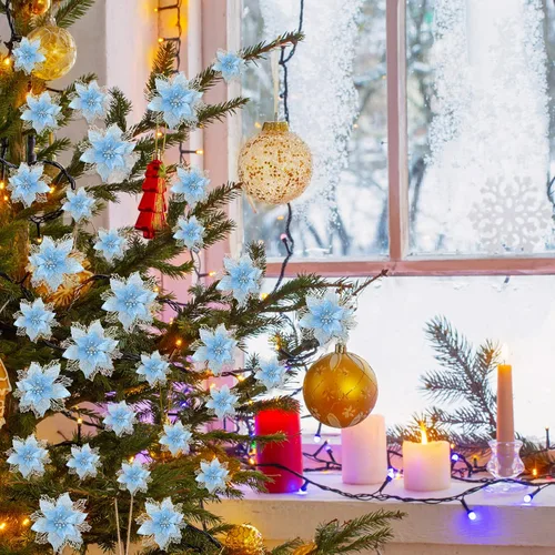Vista 4 de Geosar 24 piezas de flores de Pascua con purpurina para Año Nuevo, flores artificiales en capas, adornos para árbol de boda y Año Nuevo, 3/4/6 Azul