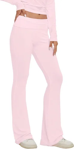 Vista 4 de Soamat Pantalones de yoga plegables para mujer, corte de bota, acampanados, pantalones de tiro bajo, pantalones de descanso