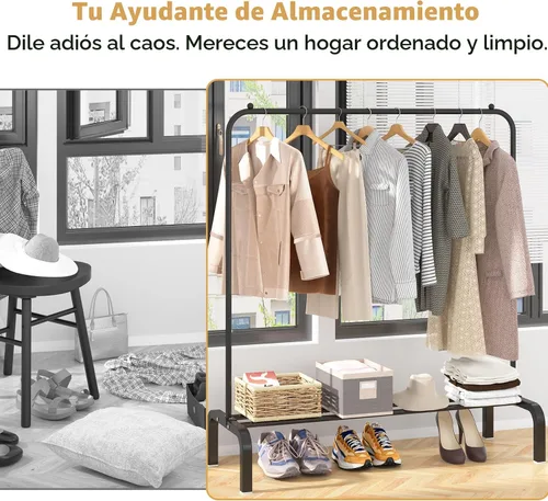 Vista 6 de Perchero de metal con estante inferior para colgar ropa, camisas, jeans y abrigos, color negro