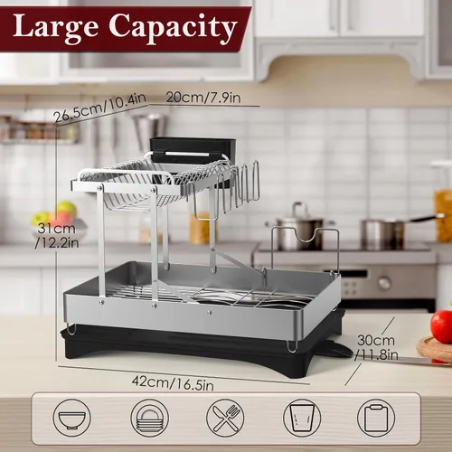 Vista 8 de Escurridor de platos, 2 niveles plegables de acero inoxidable para encimera de cocina, escurridor de platos grande multifuncional con boquilla