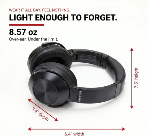 Vista 3 de Sharp Auriculares Bluetooth con cancelación de ruido, auriculares inalámbricos sobre la oreja, auriculares Bluetooth con micrófono, 20 horas