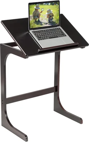 Vista 3 de Mesa auxiliar de bambú para sofá, mesa de TV ajustable en forma de C con mesa ajustable de 7 ángulos y tapón, escritorio portátil para computadora