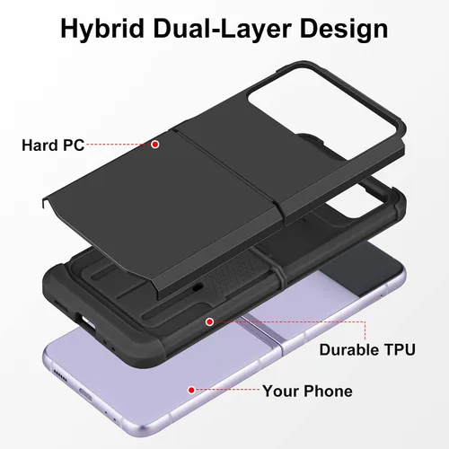 Vista 6 de Funda compatible con Samsung Galaxy Z Flip 3 con protección mejorada de bisagra de doble capa, policarbonato duro, TPU suave, cuerpo completo, a