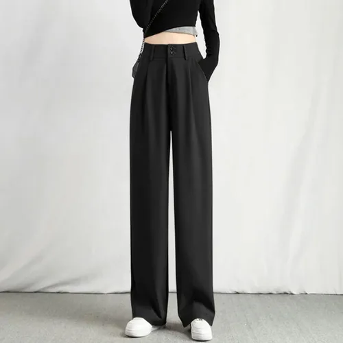 Vista 3 de Pantalones de traje de pierna ancha para mujer, cintura alta, drapeados, casuales, sueltos, delgados, formales, trabajo, trabajo, largo, recto
