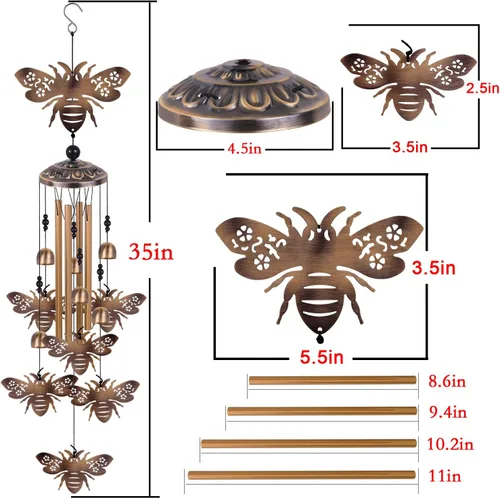 Vista 4 de Campanillas de viento de bronce con abejas para exterior/interior/jardín/hogar/balcón/césped/árbol/patio/decoración de jardín, atrapavientos retro