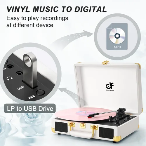 Vista 7 de Tocadiscos de vinilo Bluetooth, tocadiscos portátil vintage de 3 velocidades con 2 altavoces integrados, grabación USB, tocadiscos