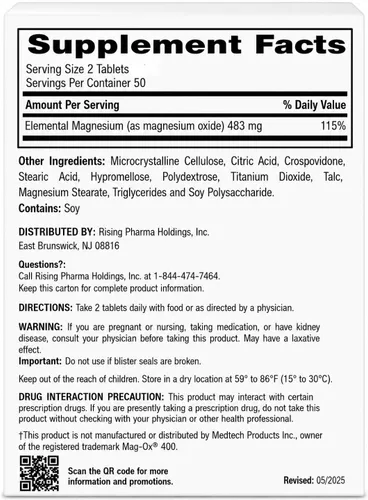 Vista 2 de Rising Pharma - Óxido de magnesio 400 mg - Suplemento dietético de magnesio elemental - 100