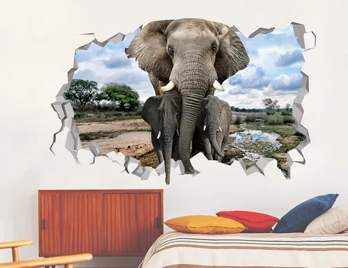 Vista 3 de Calcomanía de pared de elefante 3D – Decoración de safari – Decoración de pared de elefante para sala de estar, vinilo de arte extraíble
