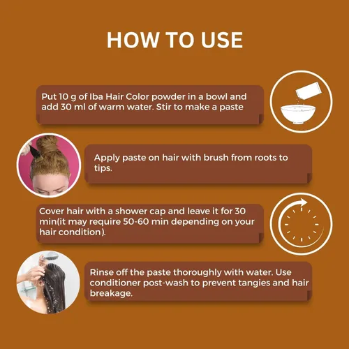 Vista 4 de Iba - Coloración de cabello castaño medio para mujer, bolsita de polvo 100 % pura a base de henna, color natural para el cabello y larga duración