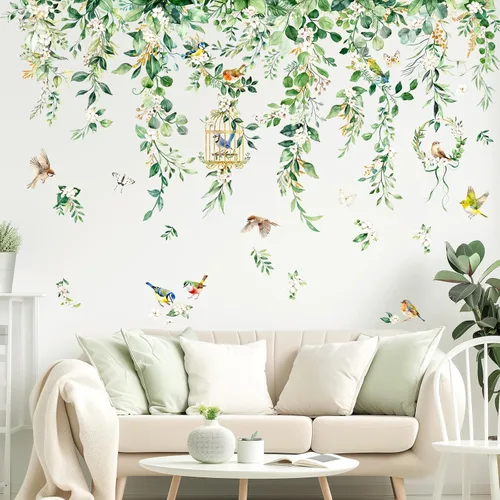 Vista 6 de Supzone Calcomanías de pared colgantes de hojas de vid – 45 x 28 pulgadas, hojas de eucalipto verdes, flores, pájaros, calcomanías de pared