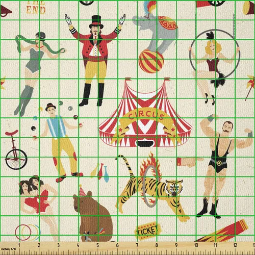 Vista 2 de Ambesonne Tela de circo de The Yard, colorido circo retro como triciclo de equitación de osos, niñas siamesas y artistas, tela de punto elástico