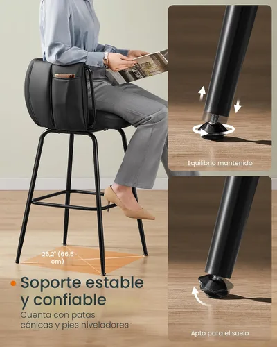 Vista 6 de SONGMICS HOME Juego de 2 taburetes de bar giratorios de 360° con respaldo curvo, taburetes de bar tapizados con reposapiés, patas cónicas de metal