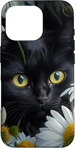 Vista 20 de iPhone 16 Black Cat with Daisies – Enchanting Floral Design Case