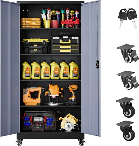 Vista 23 de SISESOL Gabinete de almacenamiento de metal ancho y profundo con ruedas, gabinete de almacenamiento de garaje alto rodante con cerradura, gabinetes
