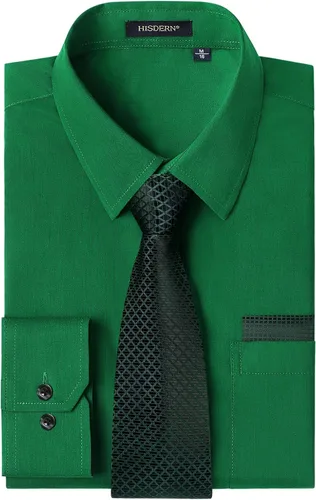 Vista 90 de HISDERN Mens Dress Shirt with Tie Pocket Square Set Classic Button Down Shirt Matching Tie Long Sleeve Shirts 08-verde