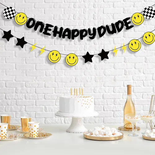 Vista 2 de Crowye Cartel de primer cumpleaños con texto en inglés "One Happy Dude - Cartel de primer cumpleaños hippie con cara sonriente para suministros