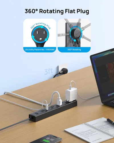 Vista 2 de TROND - Tira de alimentación con protector de sobretensiones, enchufe plano giratorio 360°, 5 tomas ampliamente espaciadas con 2 USB C y 2 USB A