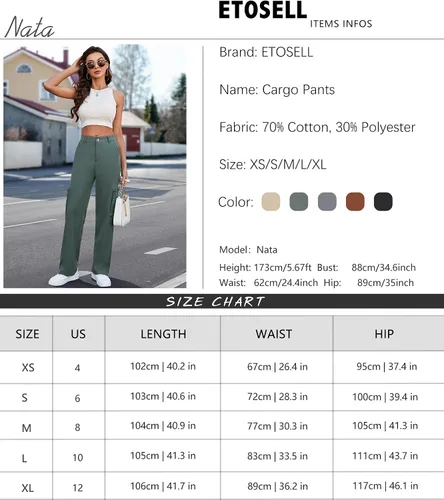 Vista 7 de ETOSELL Pantalones cargo de cintura alta para mujer, pantalones casuales de pierna ancha, elásticos, Y2K Streetwear con 6 bolsillos