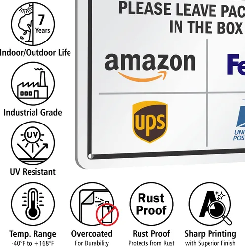 Vista 6 de SmartSign 7 x 10 pulgadas "Por favor, deje los paquetes en la caja - Amazon, FedEx, UPS, USPS" Letrero de instrucciones de entrega de metal