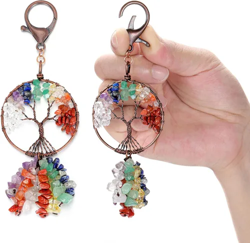 Vista 4 de Top Plaza Llavero de piedra con cristales curativos de 7 chakras, llavero de árbol de la vida, llavero de coche de la suerte, regalos de Navidad