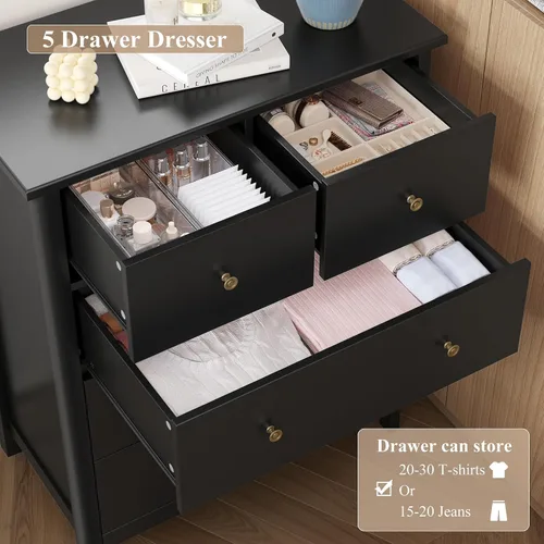 Vista 6 de HOUSUIT - Cómoda negra con 5 cajones, cómoda, cómoda de 5 cajones, cómoda de madera moderna de 29 pulgadas de ancho con prácticos cajones de 2 Negro