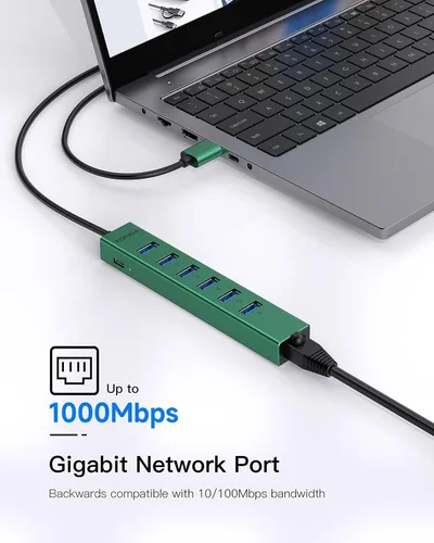 Vista 3 de Hub USB 3.0 de 7 puertos, USB a concentrador de red con cable de 3.9 pies de largo para laptop, divisor USB con puerto Gigabit Ethernet y puerto