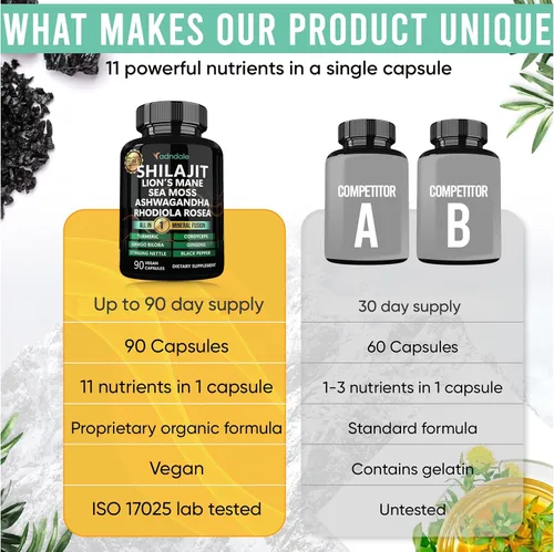 Vista 5 de Adndale Shilajit para hombres y mujeres. Cápsulas puras de Shilajit orgánicas del Himalaya con musgo marino Ashwagandha Rhodiola Rosea melena