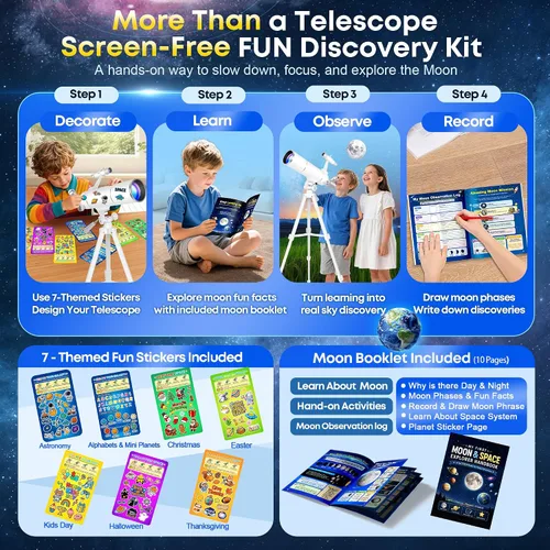 Vista 3 de Hawkko Telescope Kit for Kids 8-12, 80mm Aperture 500mm Portable Telescope