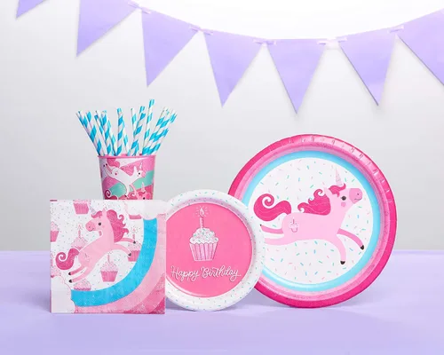 Vista 4 de American Greetings Suministros de fiesta de unicornio, platos de postre de papel (40 unidades)
