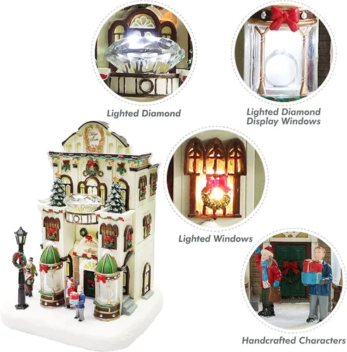 Vista 3 de MOMENTS IN TIME Tienda de Joyería Fina11”H Pueblo Navideño Iluminado con Edificio de Luces LED y Música de Navidad Decoración Festiva de Poliresina
