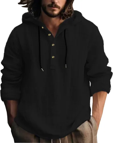 Vista 8 de Camisas de algodón y lino para hombre, estilo retro, hippie, guayabera, con capucha, manga larga, cuello en V, con botones, sudaderas con capucha