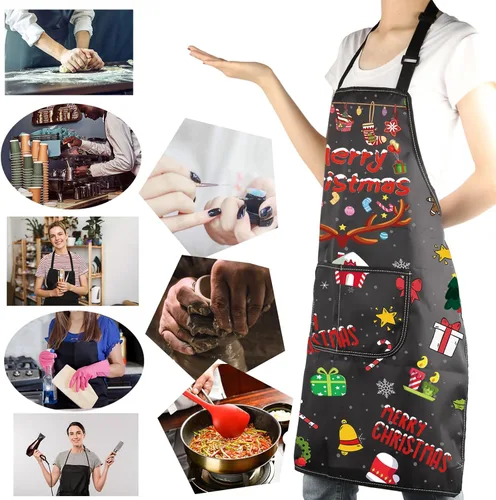Vista 6 de Delantales de Navidad para mujeres y hombres, delantal de cocina de Navidad con bolsillos, regalos de Feliz Navidad, delantal de chef para hornear