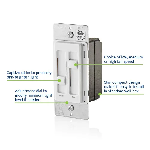 Vista 2 de Leviton SureSlide 66DF-10I - Control de ventilador de techo e interruptor de atenuación para bombillas LED, halógenas e incandescentes, color marfil