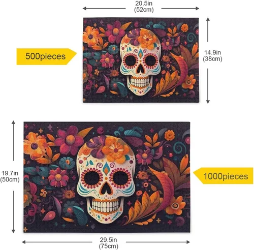Vista 5 de Rompecabezas de calavera de azúcar mexicana, material compuesto de madera de papel Zcon bolsa de almacenamiento e imagen de referencia fácil