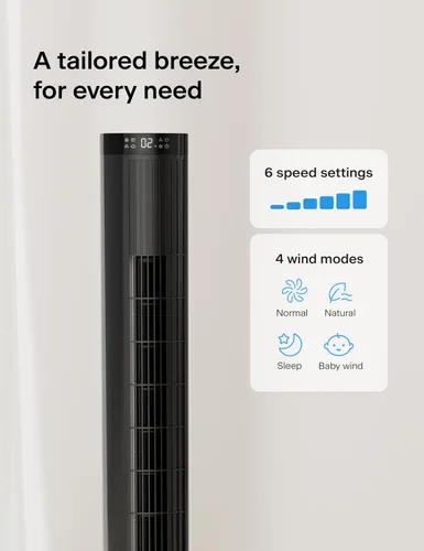 Vista 7 de PELONIS - Ventilador de torre de 42 pulgadas para dormitorio – 26 pies/s, ventilador de torre oscilante de 90° con control remoto, pantalla LED