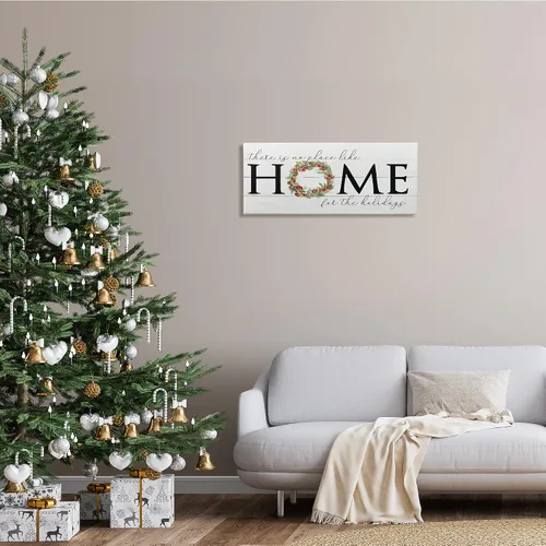 Vista 3 de Stupell Industries Corona de acebo con texto en inglés "No Place Like Home for Holiday", diseñada por Sally Swatland, lienzo para pared, 30 x 13