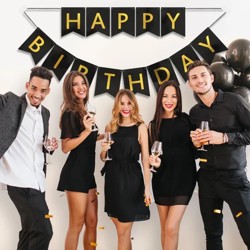 Vista 6 de Cartel y cartel de feliz cumpleaños, 9 pies pre-encordados, sin montaje, decoraciones de cumpleaños negro y dorado para mujeres, hombres, niñas