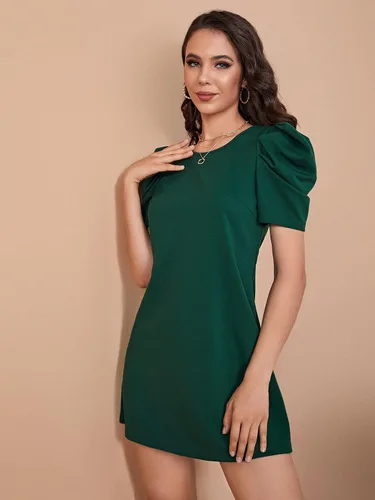 Vista 3 de WDIRARA Vestido casual de verano de manga corta abombada para mujer, cuello redondo, elegante, acampanado