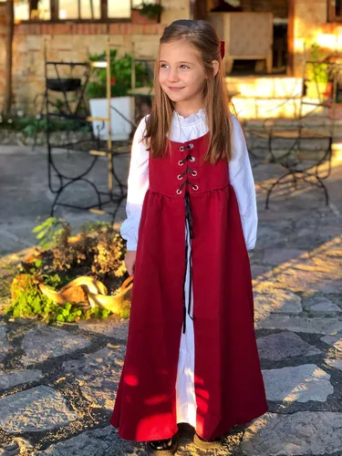 Vista 2 de Vestido renacentista para niñas, disfraz de princesa medieval, conjunto de dos piezas, 6-14 años