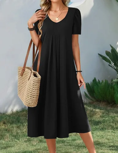 Vista 3 de Zeagoo Vestido de verano para mujer, casual, floral, midi, con bolsillos, cuello en V, plisado, manga corta, estilo alineado, para vacaciones