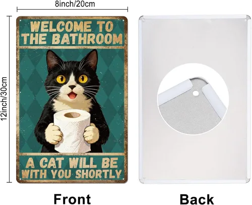 Vista 2 de GLOBLELAND Bathroom Black Cat Metal Tin Sign 8x12 inch "Welcome to the Bathroom" Funny Vintage Painting Tin Signs Wall Poster Plaque for Toilet Room
