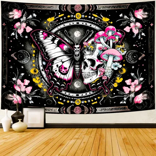 Vista 8 de Delur Tapiz de mandala negro y dorado, astrología, espacio, hippie bohemio, medallón floral, tapiz para colgar en la pared, estético, cabecero
