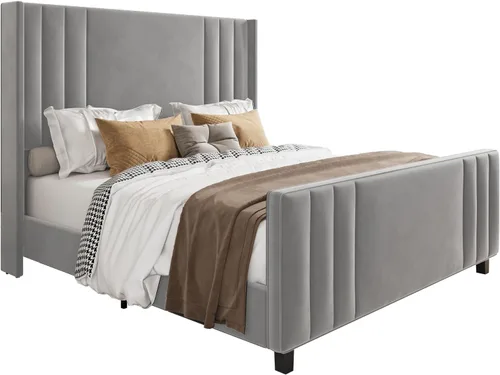 Vista 8 de Albott Base de cama de plataforma tamaño King, cama tapizada con cabecera y estribo con alas capitoné de canal vertical, terciopelo de alta calidad