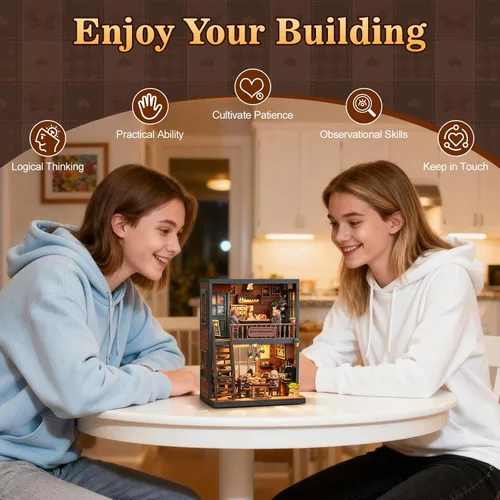 Vista 7 de Kit de casa en miniatura, kit de construcción de restaurante de oso de madera 3D con muebles y LED, juego de modelo de casa de muñecas de diorama